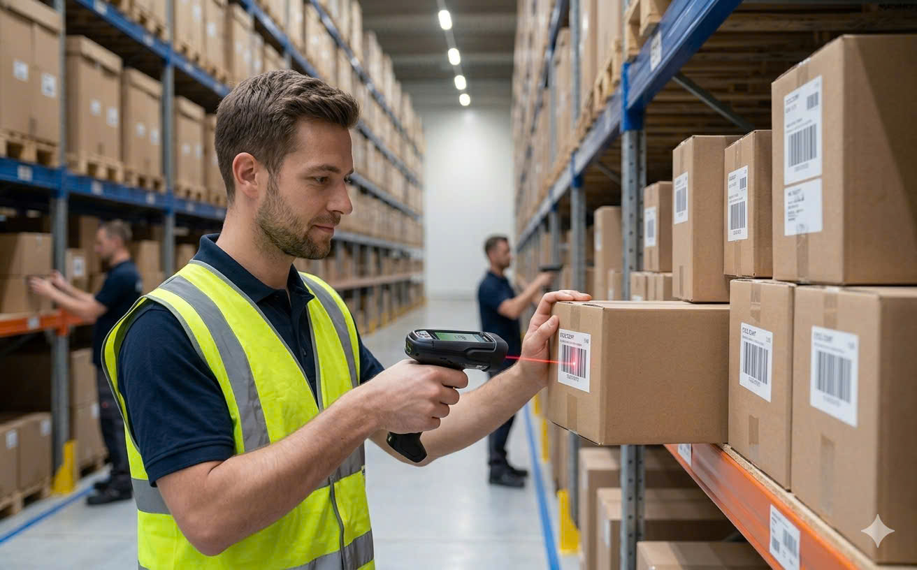 A warehouse worker calmly scanning a single shelf section in a tidy, well-organized warehouse, illustrating the ease of daily cycle counting