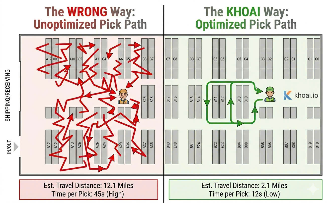 Side-by-side pick path diagram: a messy zig-zag line labeled The Wrong Way versus a clean efficient line labeled The Khoai Way