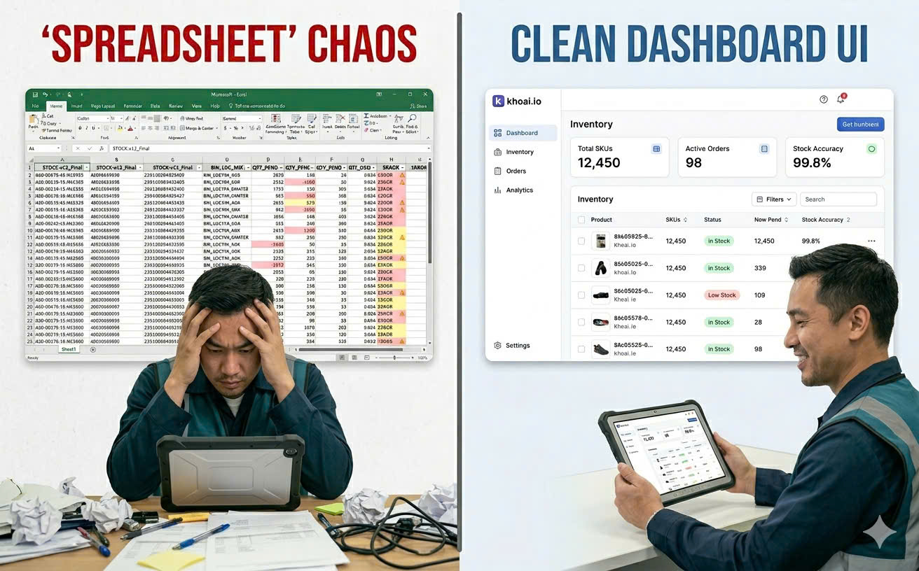 Side-by-side comparison of a cluttered spreadsheet versus a clean, modern inventory dashboard