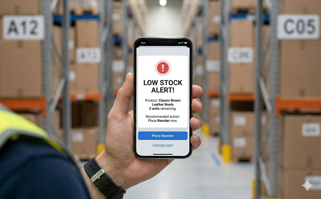 Clean mobile notification mockup showing a low stock alert: Product Name — 2 units remaining, with a Reorder Now button