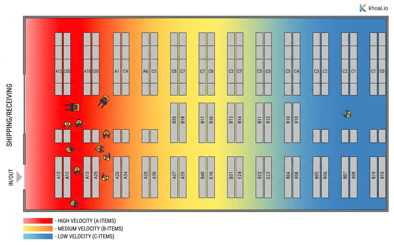 Top-down 2D warehouse heatmap with red hot zones near the receiving door and blue cold zones toward the back