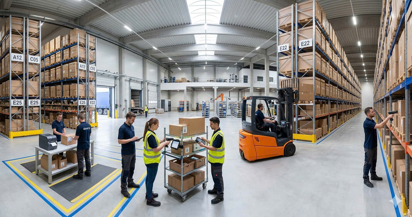 An organized warehouse with staff using handheld barcode scanners for real-time inventory tracking