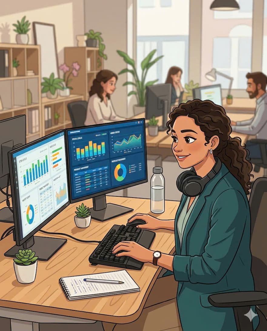 An inventory specialist working at a modern office setup with multiple monitors
